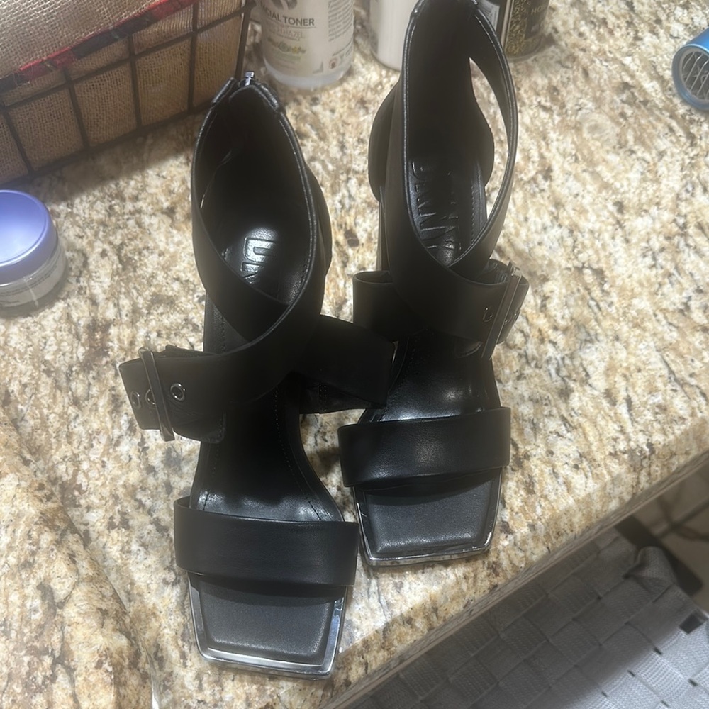 Black Platform Heels with Glossy Straps